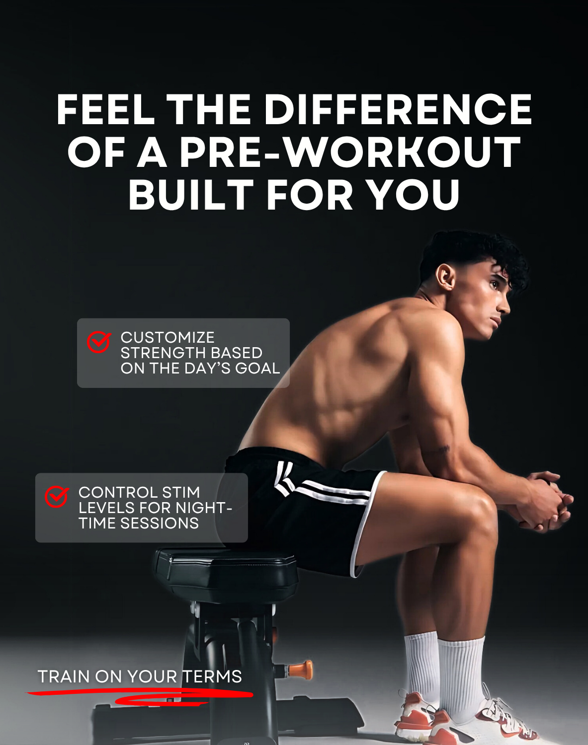 Man on a weight bench with text