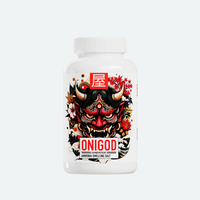 A white bottle labeled 'Onigod Ammonia Smelling Salt' by Chamberofgods, featuring a bold and fierce design with a traditional Japanese Oni (demon) mask. The label includes a red kanji character at the top, emphasizing strength and intensity.
