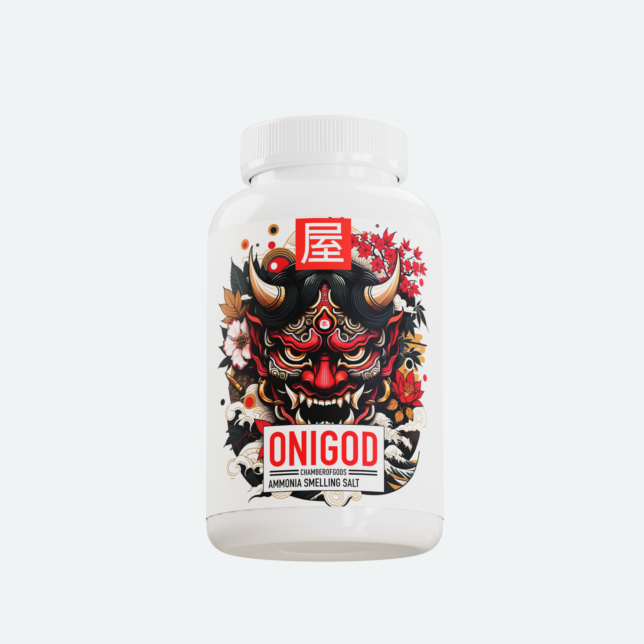 A white bottle labeled 'Onigod Ammonia Smelling Salt' by Chamberofgods, featuring a bold and fierce design with a traditional Japanese Oni (demon) mask. The label includes a red kanji character at the top, emphasizing strength and intensity.