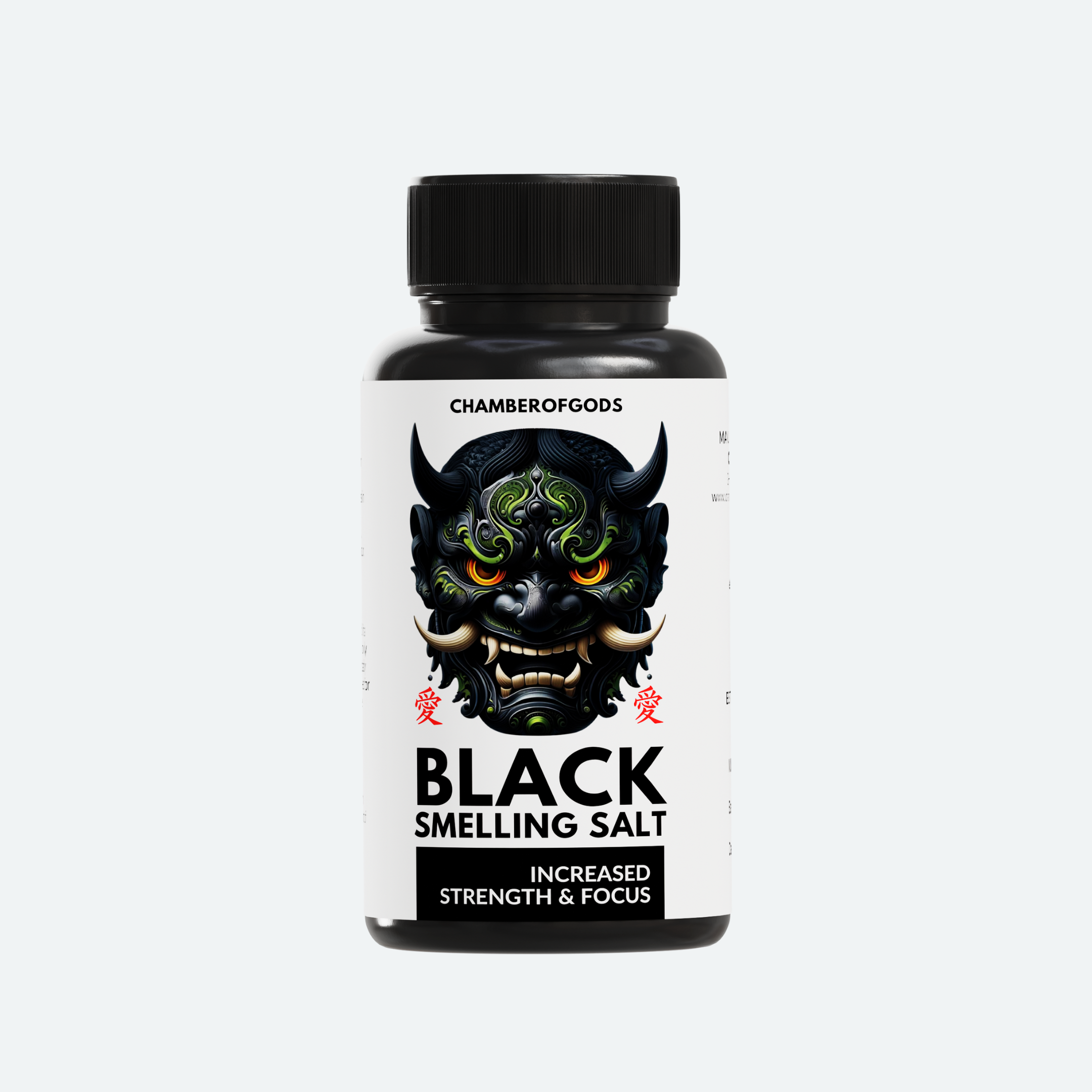 A black bottle labeled 'Black Smelling Salt' by Chamberofgods, featuring a bold and menacing design with a demonic face. The label highlights the product's purpose: 'Increased Strength & Focus.' The text is complemented by red accents, emphasizing its intensity and effectiveness.