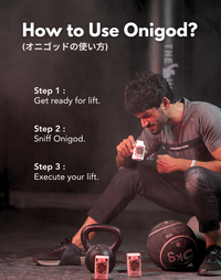 A model demonstrating how to sniff Onigod, shown in a step-by-step guide. The image includes close-up visuals of the model holding the Onigod product, bringing it near the nose, and inhaling its scent, following a clear sequence of illustrated instructions