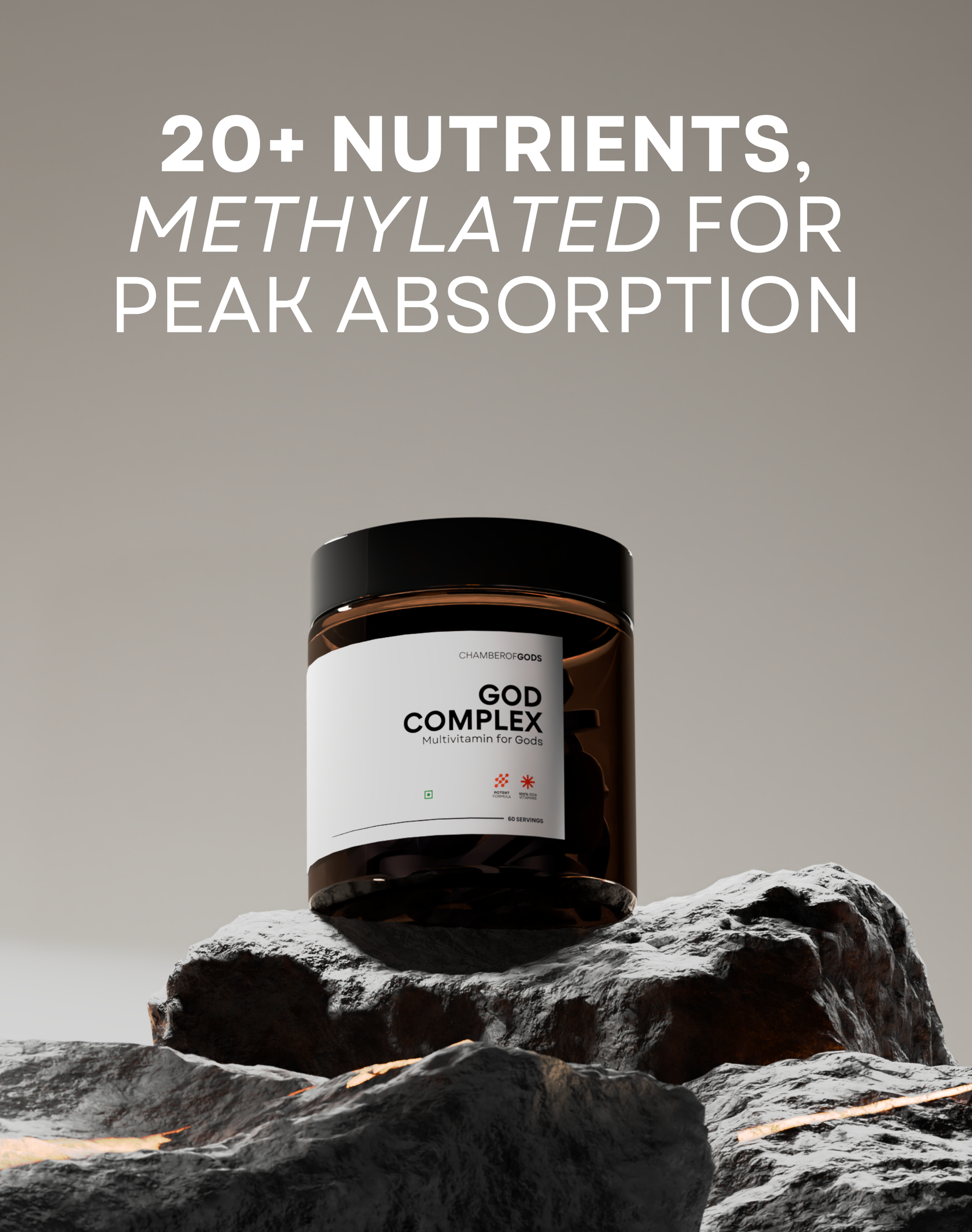 Jar labeled 'GOD COMPLEX' on a rock with text about nutrients and absorption