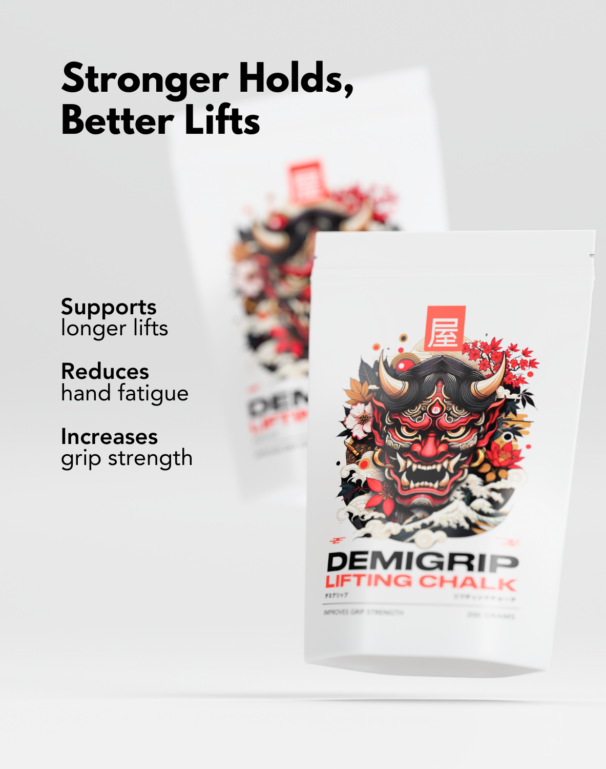 DemiGrip Lifting Chalk - Enhances Performance with Stronger Holds and Better Lifts, Supporting Longer Lifts, Reducing Hand Fatigue, and Increasing Grip Strength, Featuring a Bold Japanese Oni Mask Design