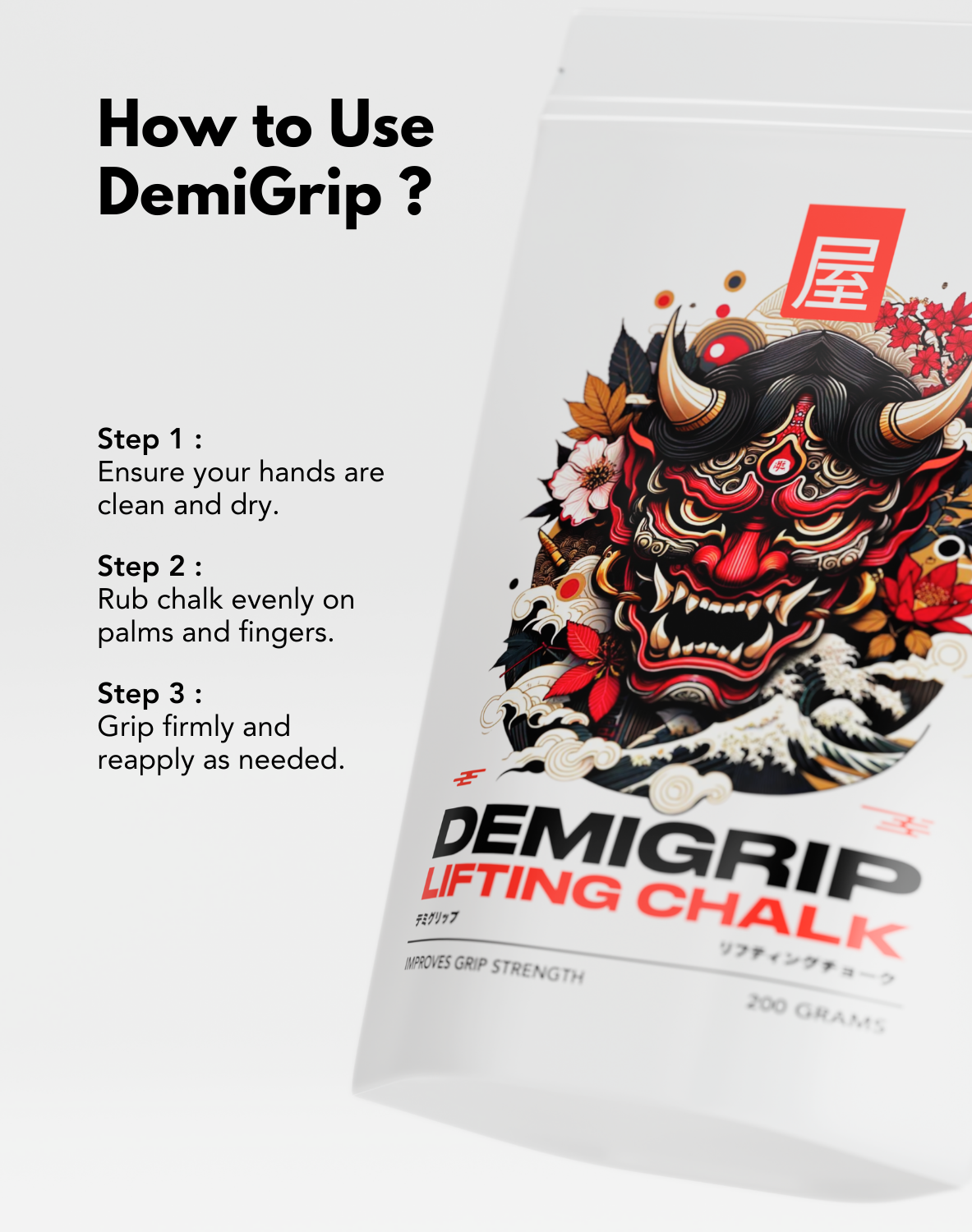 DemiGrip Lifting Chalk Usage Guide - Step-by-Step Instructions for Applying Chalk: Ensure Hands Are Clean and Dry, Rub Chalk Evenly on Palms and Fingers, and Grip Firmly with Reapplication as Needed
