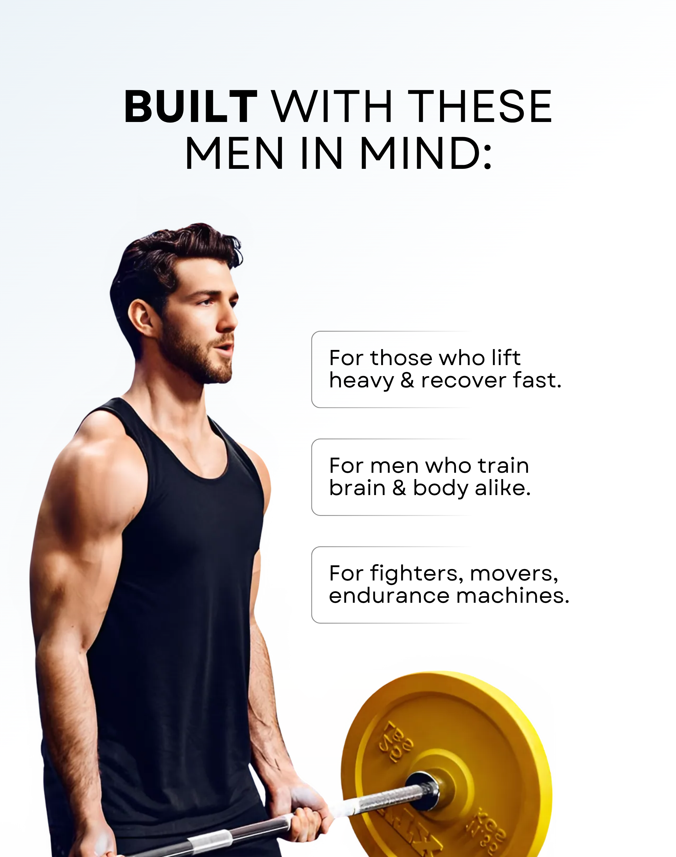 Man lifting weights with text about fitness and training goals