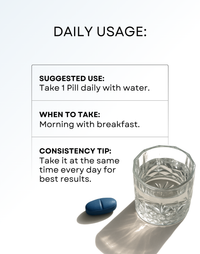 Blue pill and glass of water with daily usage instructions