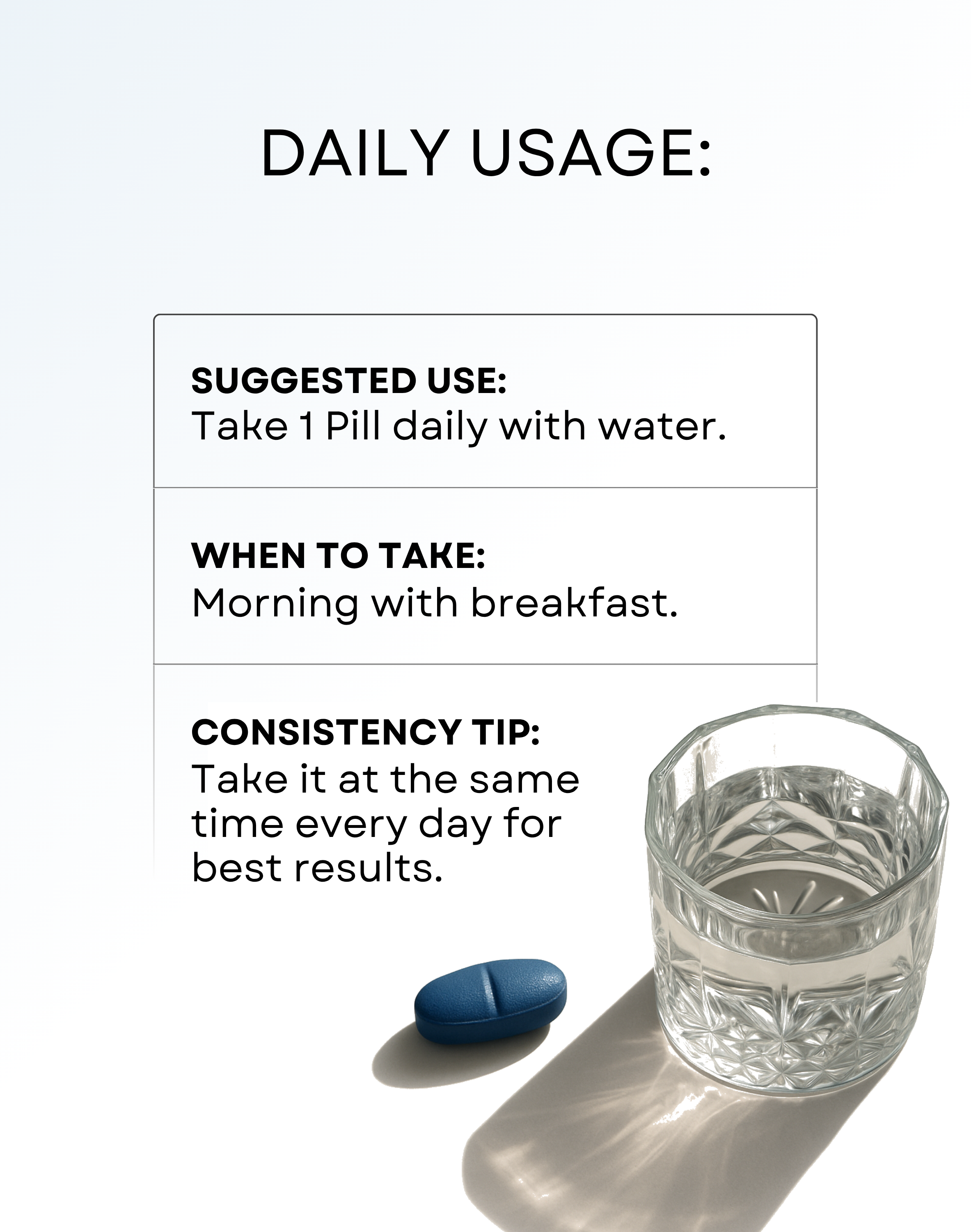 Blue pill and glass of water with daily usage instructions