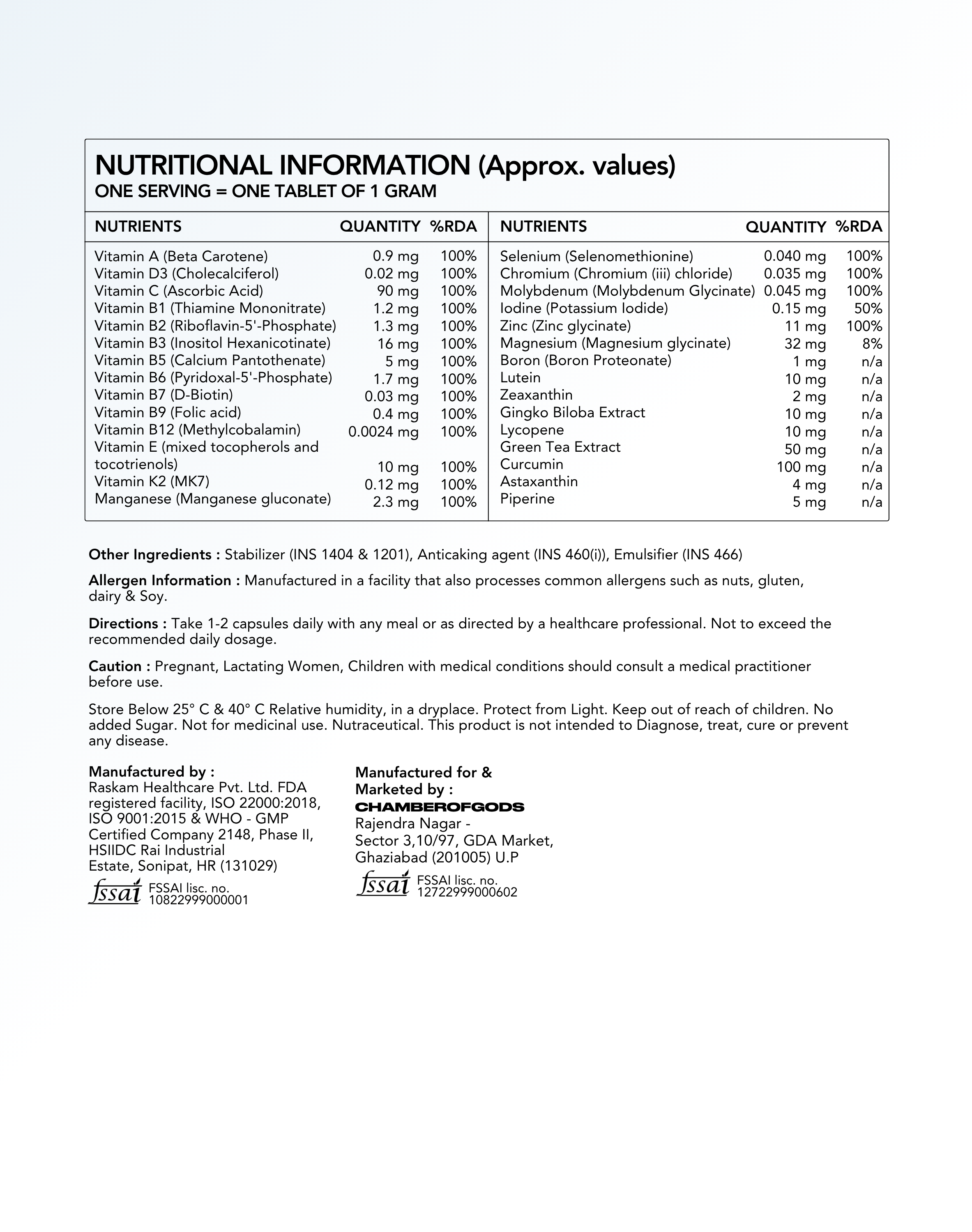 Nutritional information label for a supplement