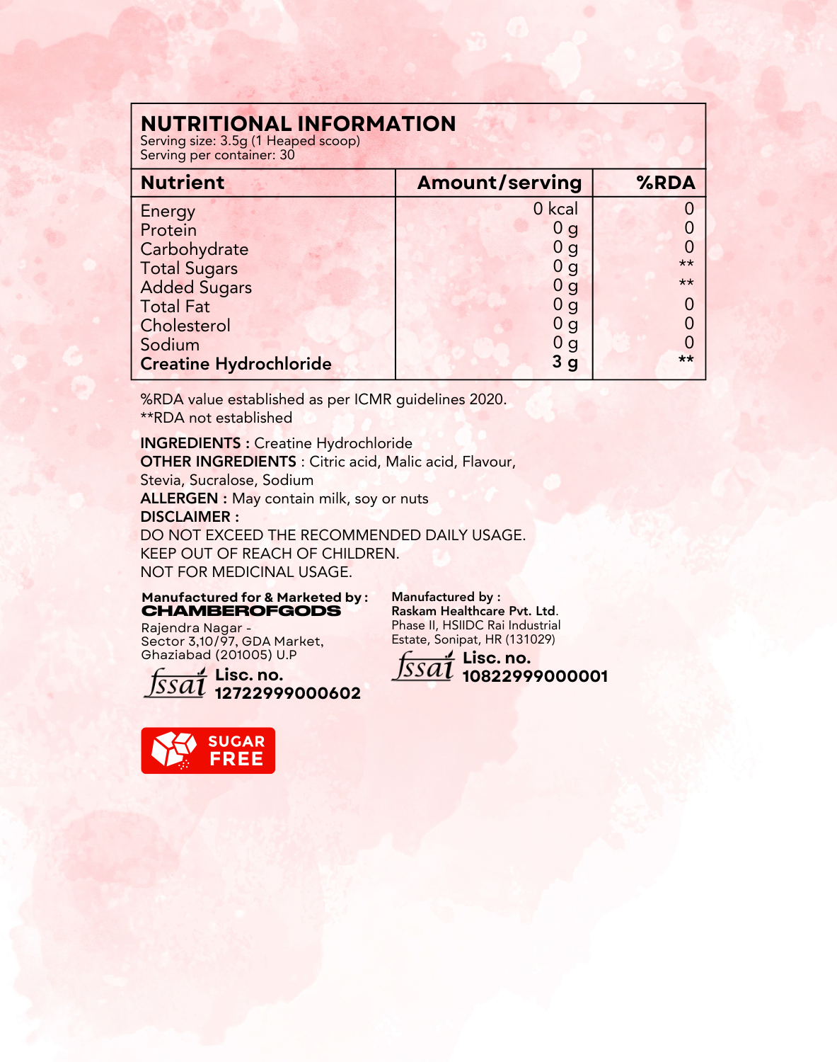 Nutritional Information Label for Creatine Hydrochloride Supplement - Sugar-Free, Contains 3g Per Serving, Manufactured by Raskam Healthcare Pvt. Ltd., with FSSAI License No. 12722999000602