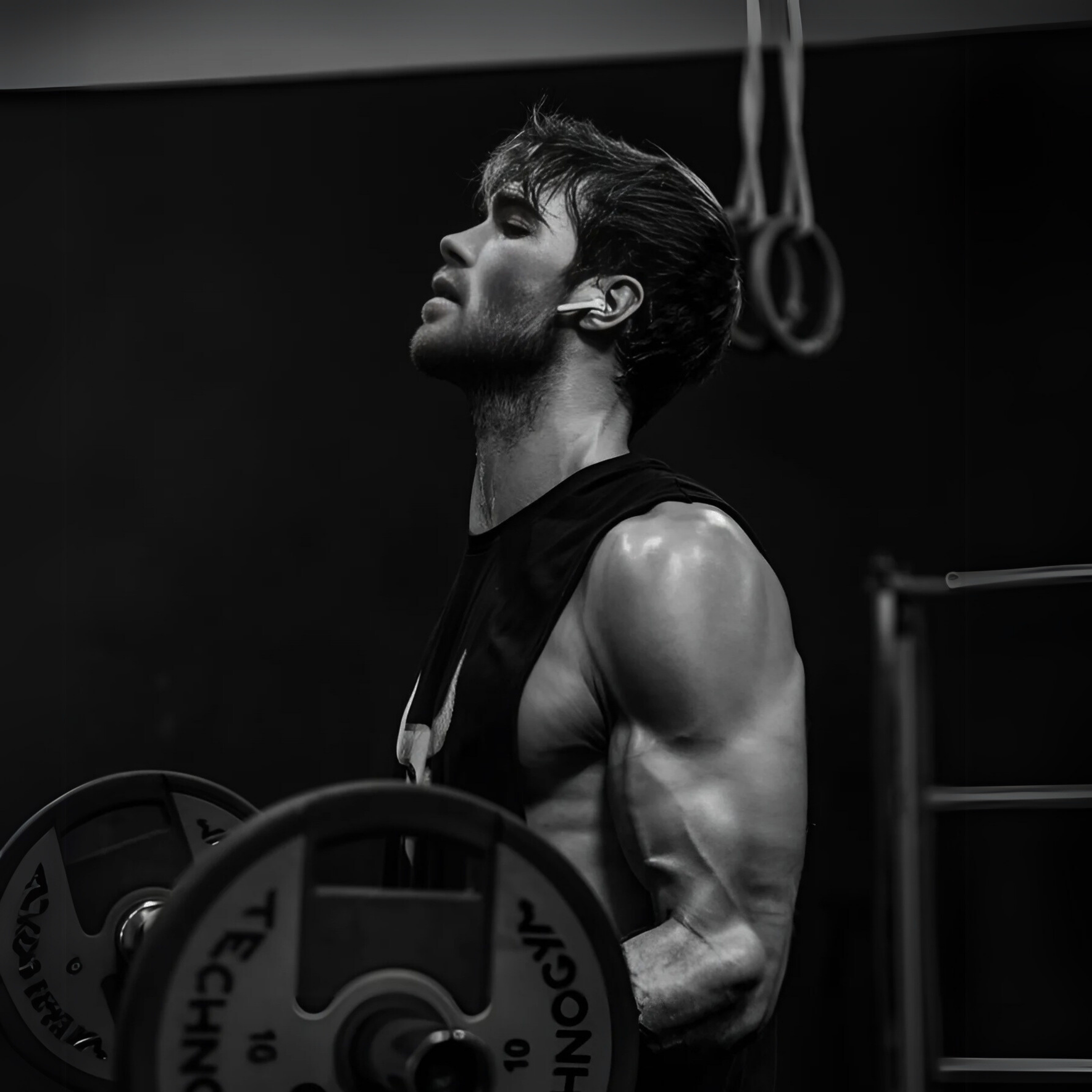 Muscular man lifting weights in a gym