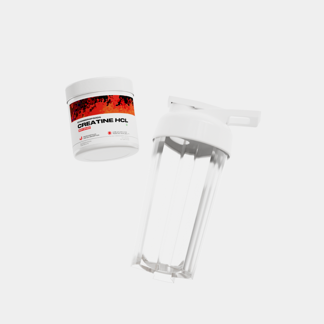 Therapeutic Creatine HCL Supplement in a White Container Paired with a Clear Shaker Bottle for Easy Mixing
