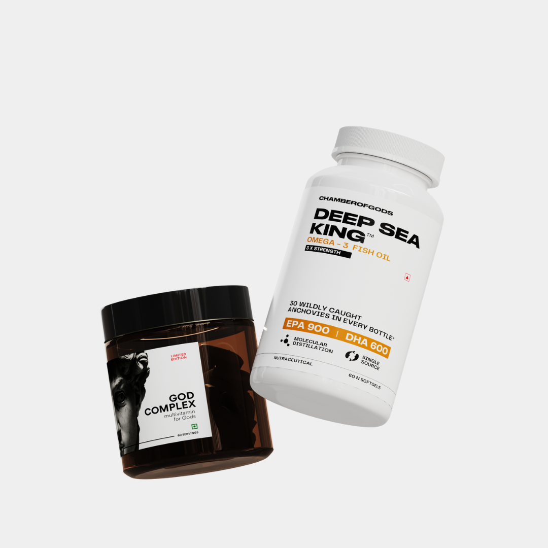 ChamberofGods Supplement Pair - God Complex Multivitamin and Deep Sea King Omega-3 Fish Oil with 900 mg EPA and 600 mg DHA, Highlighting Molecular Distillation and Wild-Caught Anchovies for Purity and Quality