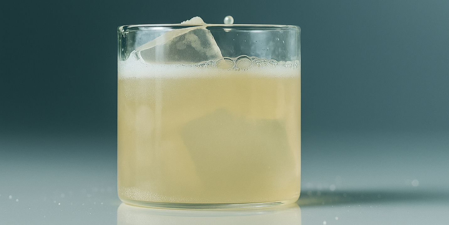 Glass of yellowish liquid