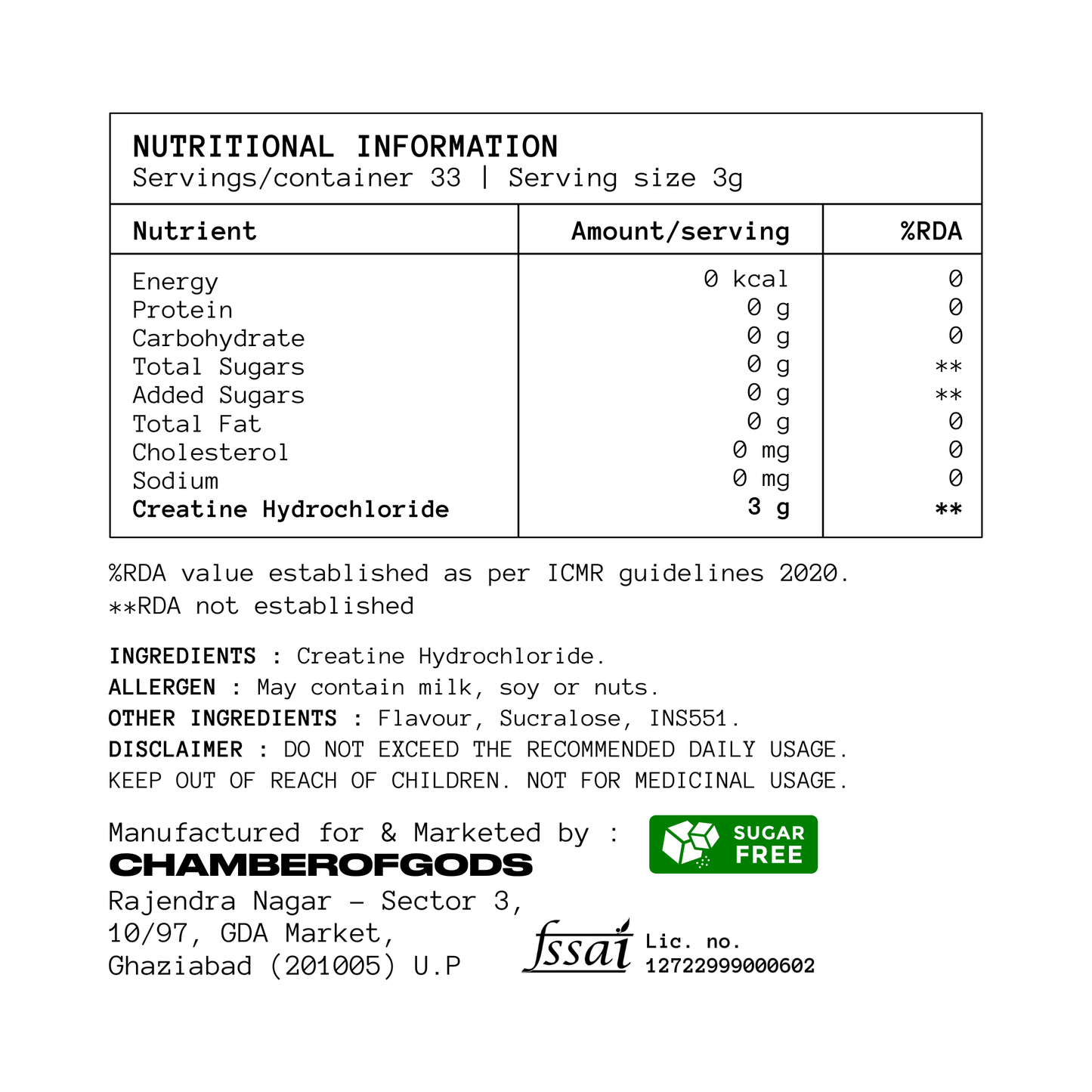 COG Creatine Hcl - Mango Infused | Built Different (33 Servings)