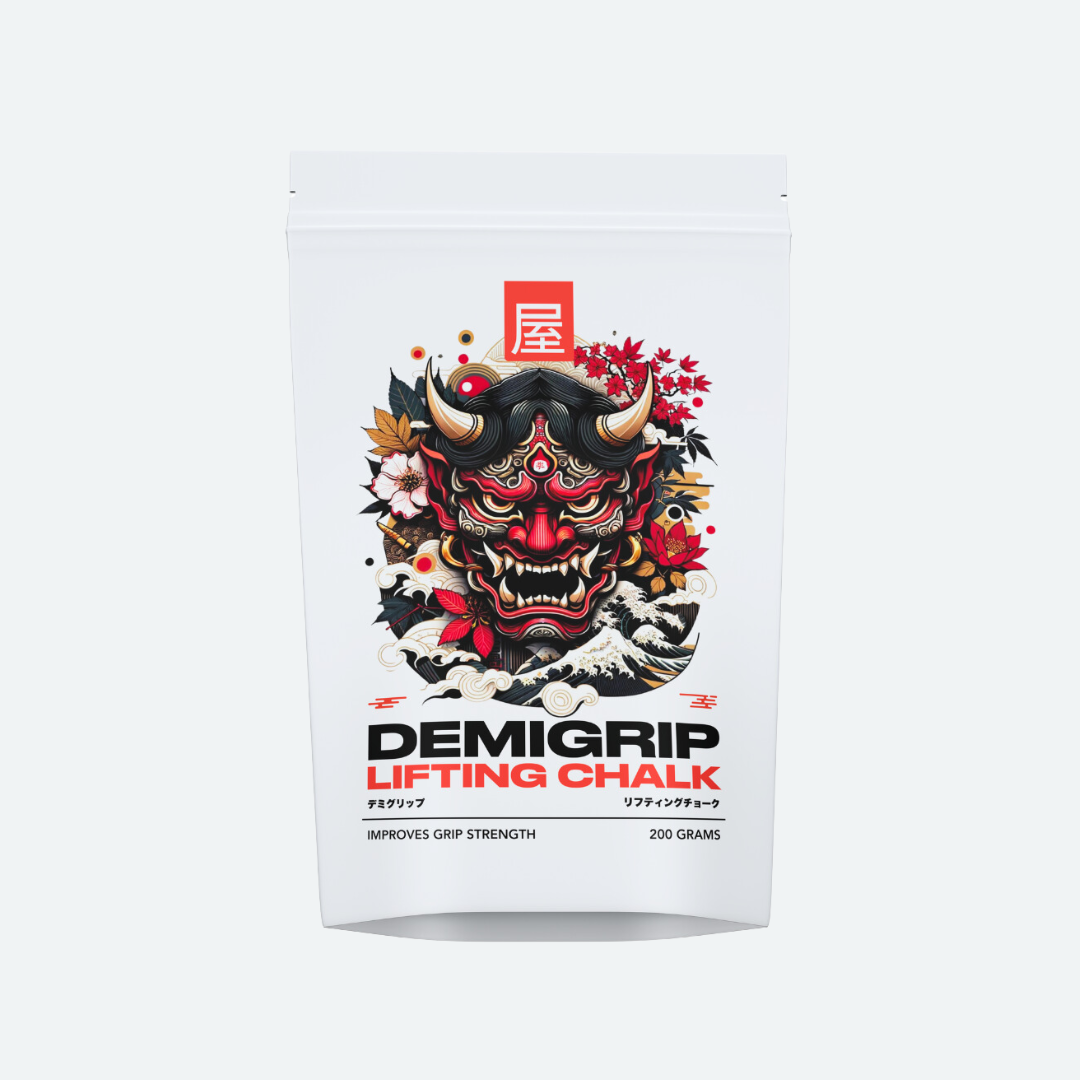 DemiGrip Lifting Chalk - 200 Grams of High-Quality Powder Designed to Improve Grip Strength, Featuring a Bold Japanese Oni Mask Illustration and Cultural Elements Like Cherry Blossoms