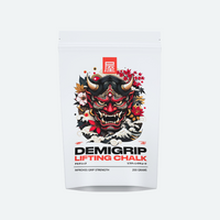 DemiGrip Lifting Chalk - 200 Grams of High-Quality Powder Designed to Improve Grip Strength, Featuring a Bold Japanese Oni Mask Illustration and Cultural Elements Like Cherry Blossoms