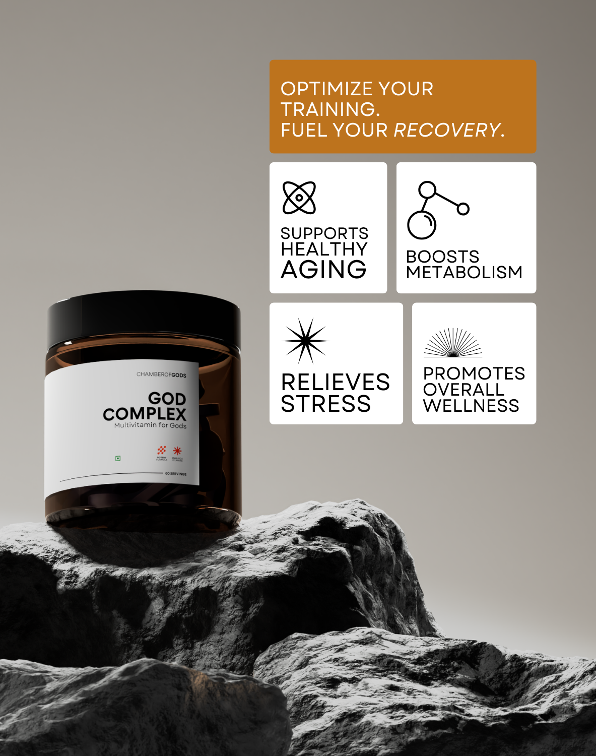 Promotional image for 'God Complex,' highlighting benefits like optimized training, faster recovery, healthy aging, boosted metabolism, stress relief, and overall wellness. Displayed on a rocky surface with an orange banner emphasizing performance and endurance.