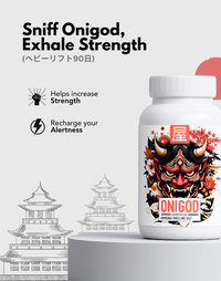 Onigod Ammonia Smelling Salt - Enhances Strength and Recharges Alertness, Featuring a Bold Japanese Oni Mask Design and Cultural References with Silhouettes of Traditional Japanese Architecture