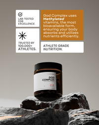A promotional image for 'God Complex,' emphasizing its use of methylated vitamins, which are the most bioavailable form to ensure efficient nutrient absorption and utilization. The text highlights that it is lab-tested for excellence and trusted by over 100,000 athletes, positioning it as athlete-grade nutrition. The product is displayed on a rocky surface, symbolizing strength and endurance.