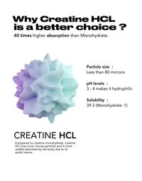 Graphic showing a colorful creatine particle graphic, with text explaining why Creatine HCL is a better choice due to 40 times higher absorption than Monohydrate, citing its particle size, pH levels, and solubility, and mentioning its acidic nature for better absorption.