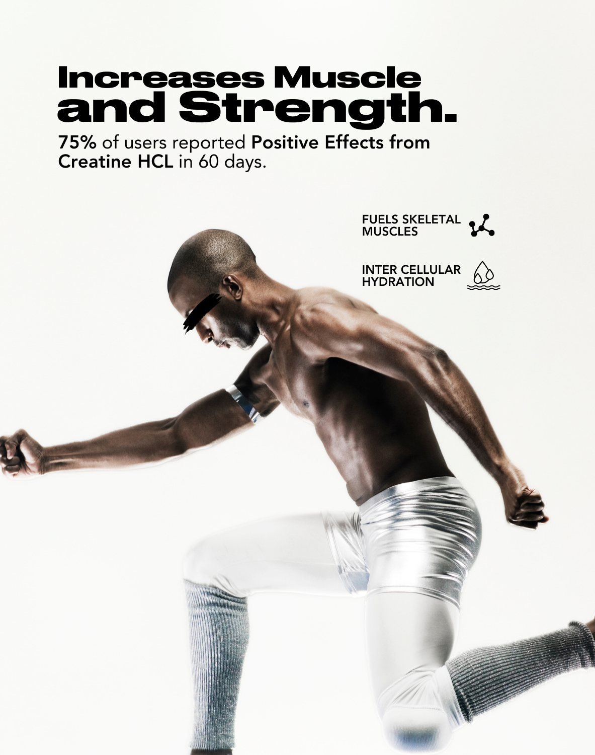 Image showing a person in athletic wear mid-movement, with text stating creatine HCL increases muscle and strength and that 75% of users reported positive effects in 60 days. Also mentions fueling skeletal muscles and intercellular hydration.

