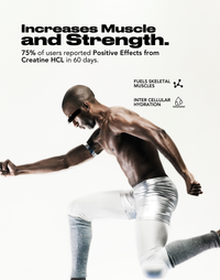 Image showing a person in athletic wear mid-movement, with text stating creatine HCL increases muscle and strength and that 75% of users reported positive effects in 60 days. Also mentions fueling skeletal muscles and intercellular hydration.

