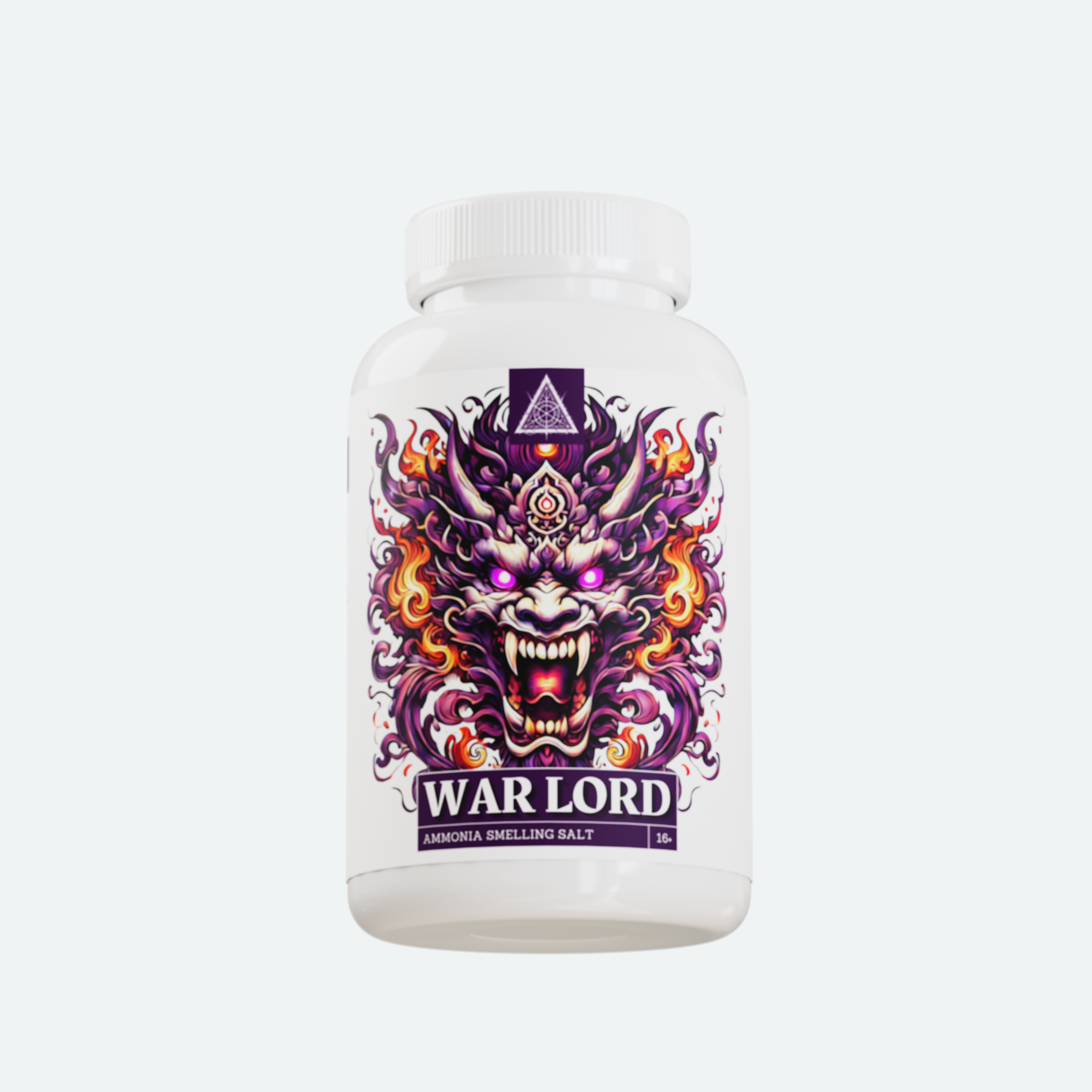 A white bottle labeled 'War Lord,' featuring a bold and fiery design with a menacing dragon or demon face. The label includes the text 'Ammonia Smelling Salt' at the bottom, emphasizing its purpose as a strong-smelling product.