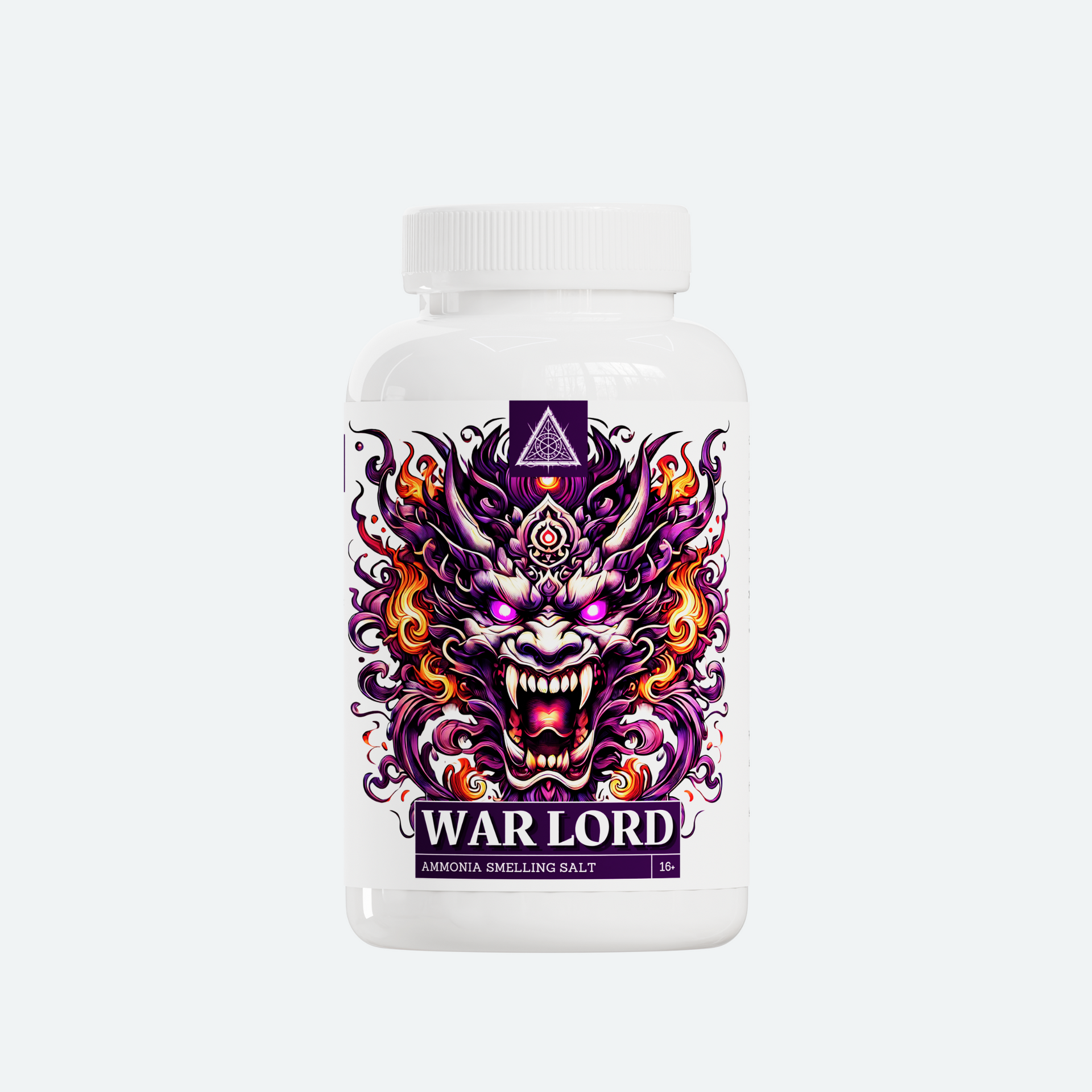 A white bottle labeled 'War Lord,' featuring a bold and fiery design with a menacing dragon or demon face. The label includes the text 'Ammonia Smelling Salt' at the bottom, emphasizing its purpose as a strong-smelling product.