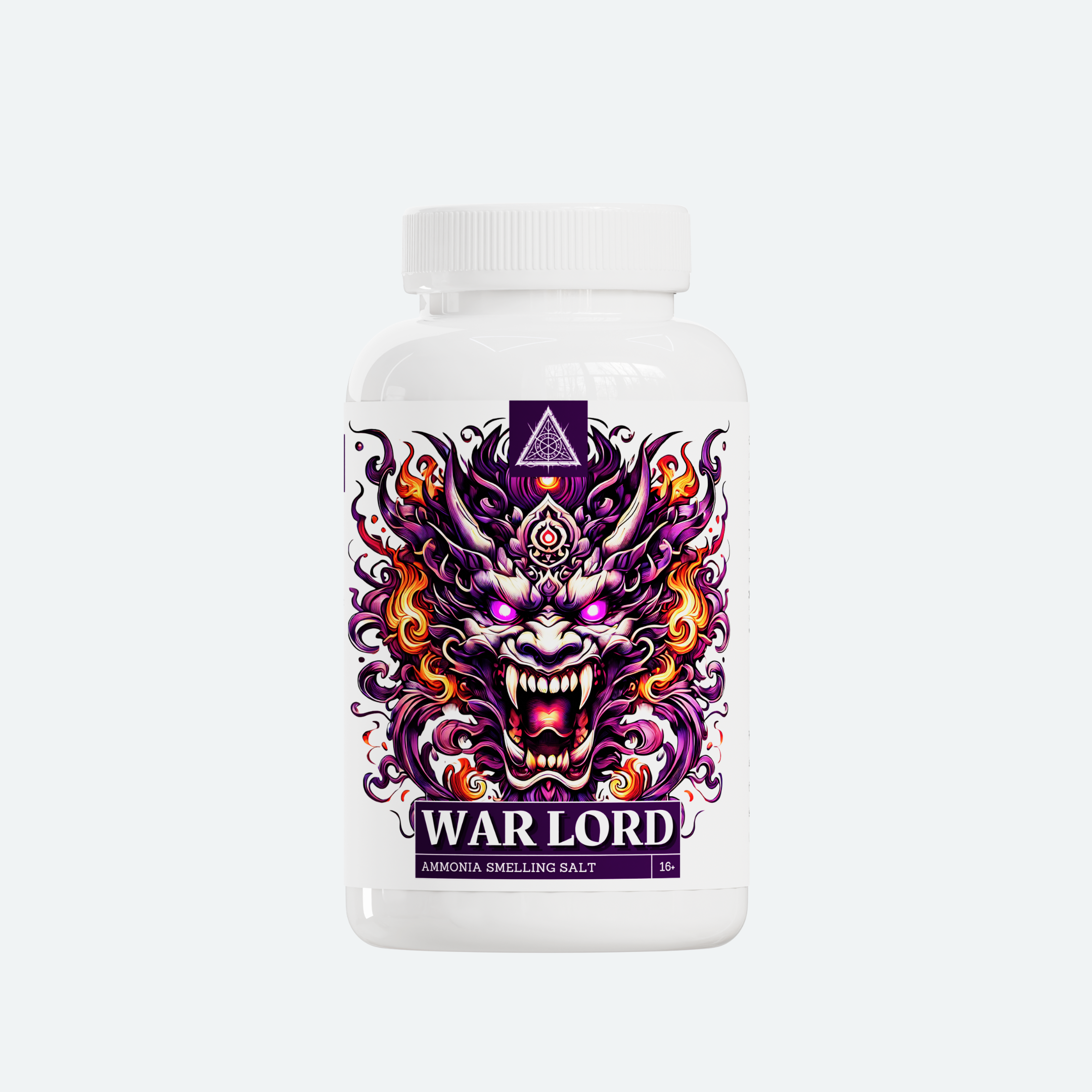 A white bottle labeled 'War Lord,' featuring a bold and fiery design with a menacing dragon or demon face. The label includes the text 'Ammonia Smelling Salt' at the bottom, emphasizing its purpose as a strong-smelling product.