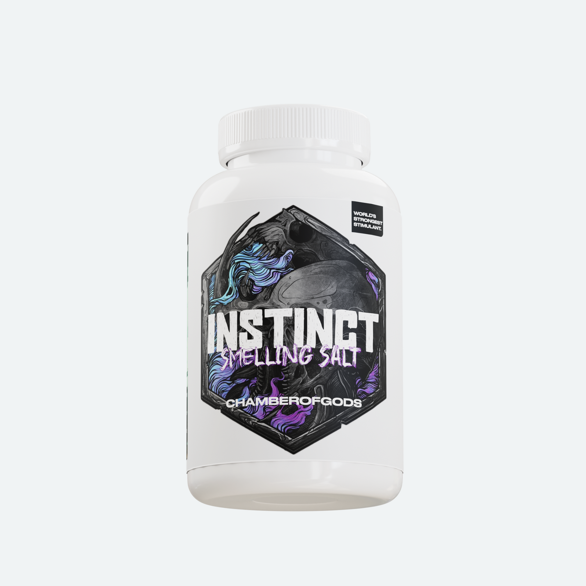 A white bottle labeled 'Instinct Smelling Salt' by Chamberofgods, featuring a bold and dynamic design with a fierce dragon or demon face. The label emphasizes the product's purpose as a smelling salt, designed to provide a strong, invigorating effect.