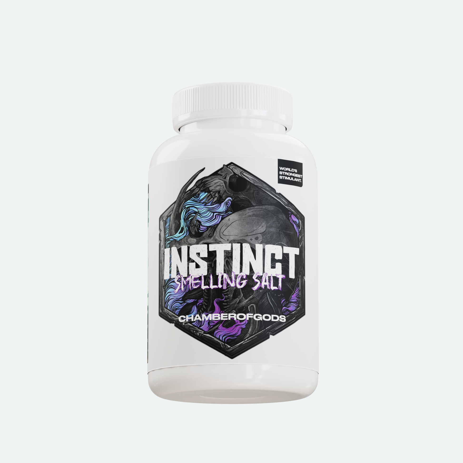 A white bottle labeled 'Instinct Smelling Salt' by Chamberofgods, featuring a bold and dynamic design with a fierce dragon or demon face. The label emphasizes the product's purpose as a smelling salt, designed to provide a strong, invigorating effect.