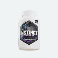 A white bottle labeled 'Instinct Smelling Salt' by Chamberofgods, featuring a bold and dynamic design with a fierce dragon or demon face. The label emphasizes the product's purpose as a smelling salt, designed to provide a strong, invigorating effect.