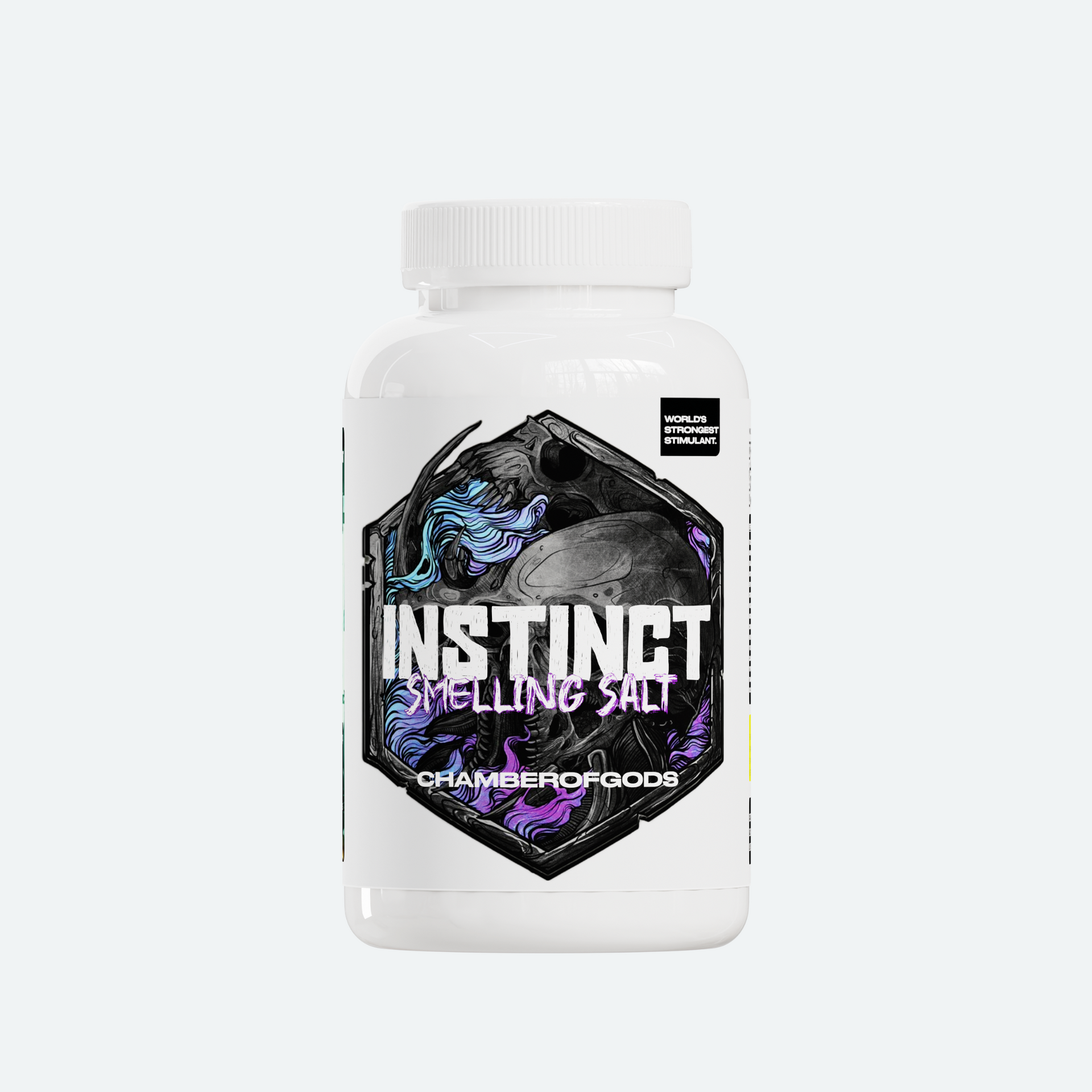 A white bottle labeled 'Instinct Smelling Salt' by Chamberofgods, featuring a bold and dynamic design with a fierce dragon or demon face. The label emphasizes the product's purpose as a smelling salt, designed to provide a strong, invigorating effect.

