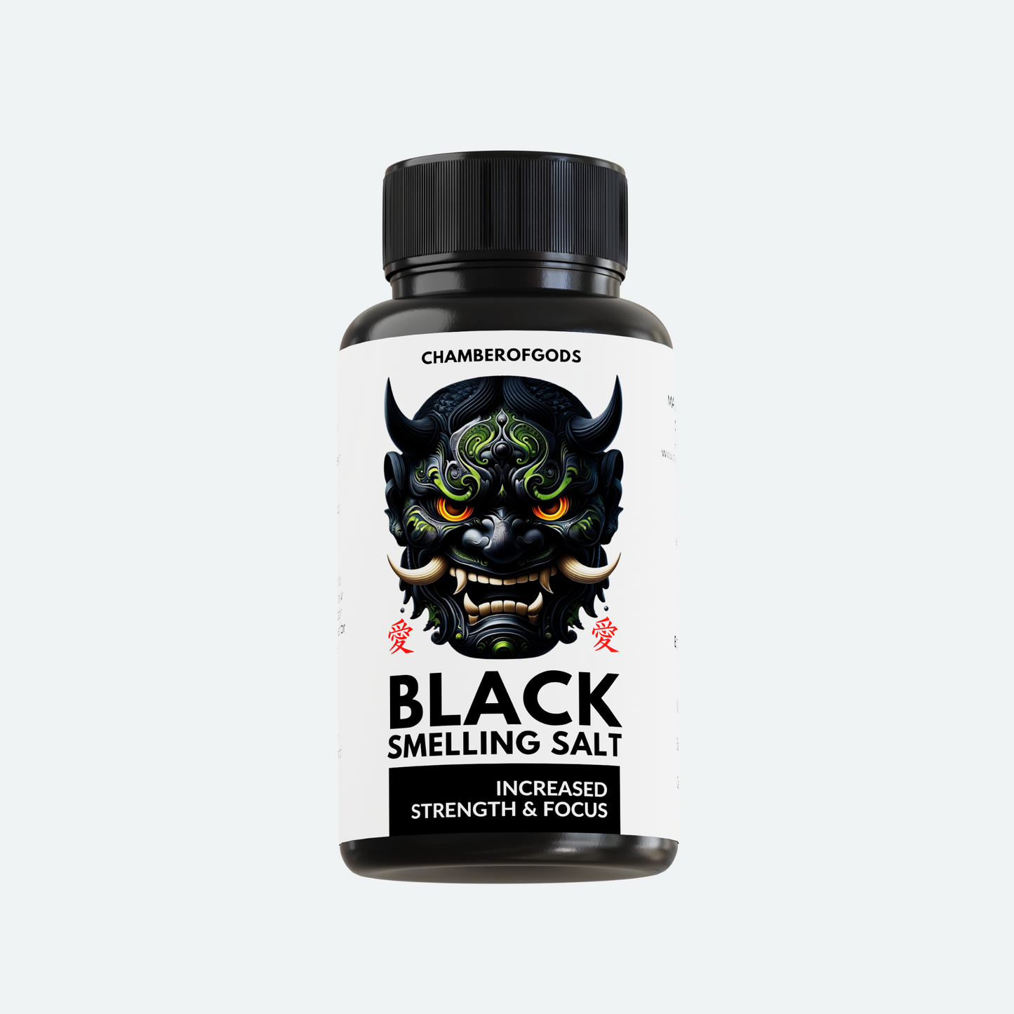 A black bottle labeled 'Black Smelling Salt' by Chamberofgods, featuring a bold and menacing design with a demonic face. The label highlights the product's purpose: 'Increased Strength & Focus.' The text is complemented by red accents, emphasizing its intensity and effectiveness."