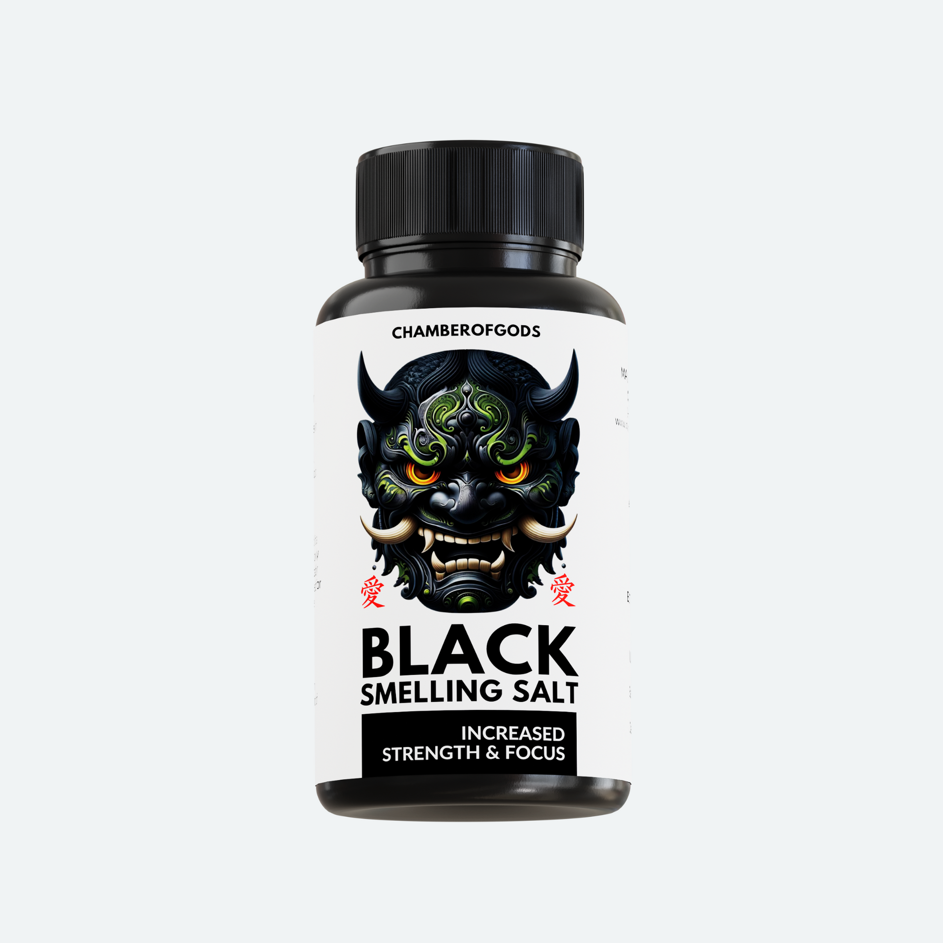 A black bottle labeled 'Black Smelling Salt' by Chamberofgods, featuring a bold and menacing design with a demonic face. The label highlights the product's purpose: 'Increased Strength & Focus.' The text is complemented by red accents, emphasizing its intensity and effectiveness."