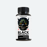 A black bottle labeled 'Black Smelling Salt' by Chamberofgods, featuring a bold and menacing design with a demonic face. The label highlights the product's purpose: 'Increased Strength & Focus.' The text is complemented by red accents, emphasizing its intensity and effectiveness."