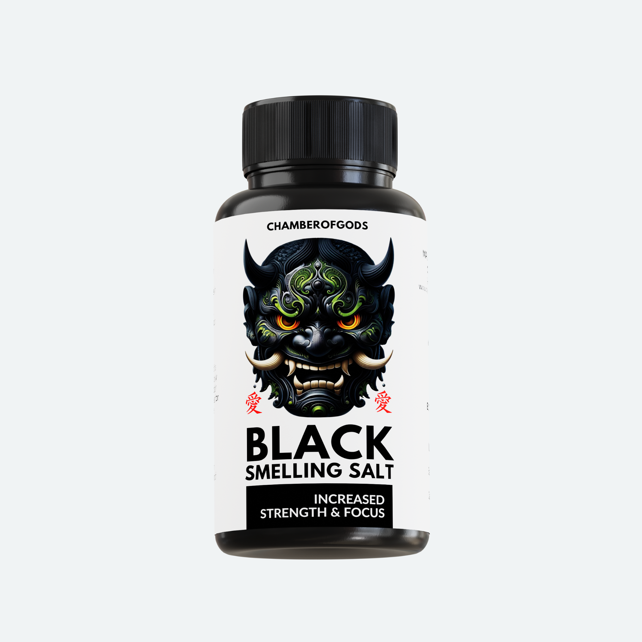 A black bottle labeled 'Black Smelling Salt' by Chamberofgods, featuring a bold and menacing design with a demonic face. The label highlights the product's purpose: 'Increased Strength & Focus.' The text is complemented by red accents, emphasizing its intensity and effectiveness."