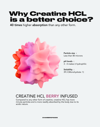 Promotional graphic detailing creatine HCL's 40x higher absorption due to small particle size, pH, and solubility. Mentions Creatine HCL Berry Infused by Chamberofoods.