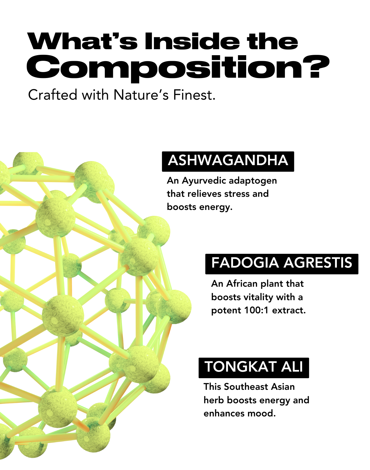 Graphic showing a molecular structure, with text listing product composition: Ashwagandha (relieves stress, boosts energy), Fadogia Agrestis (boosts vitality), and Tongkat Ali (boosts energy, enhances mood).