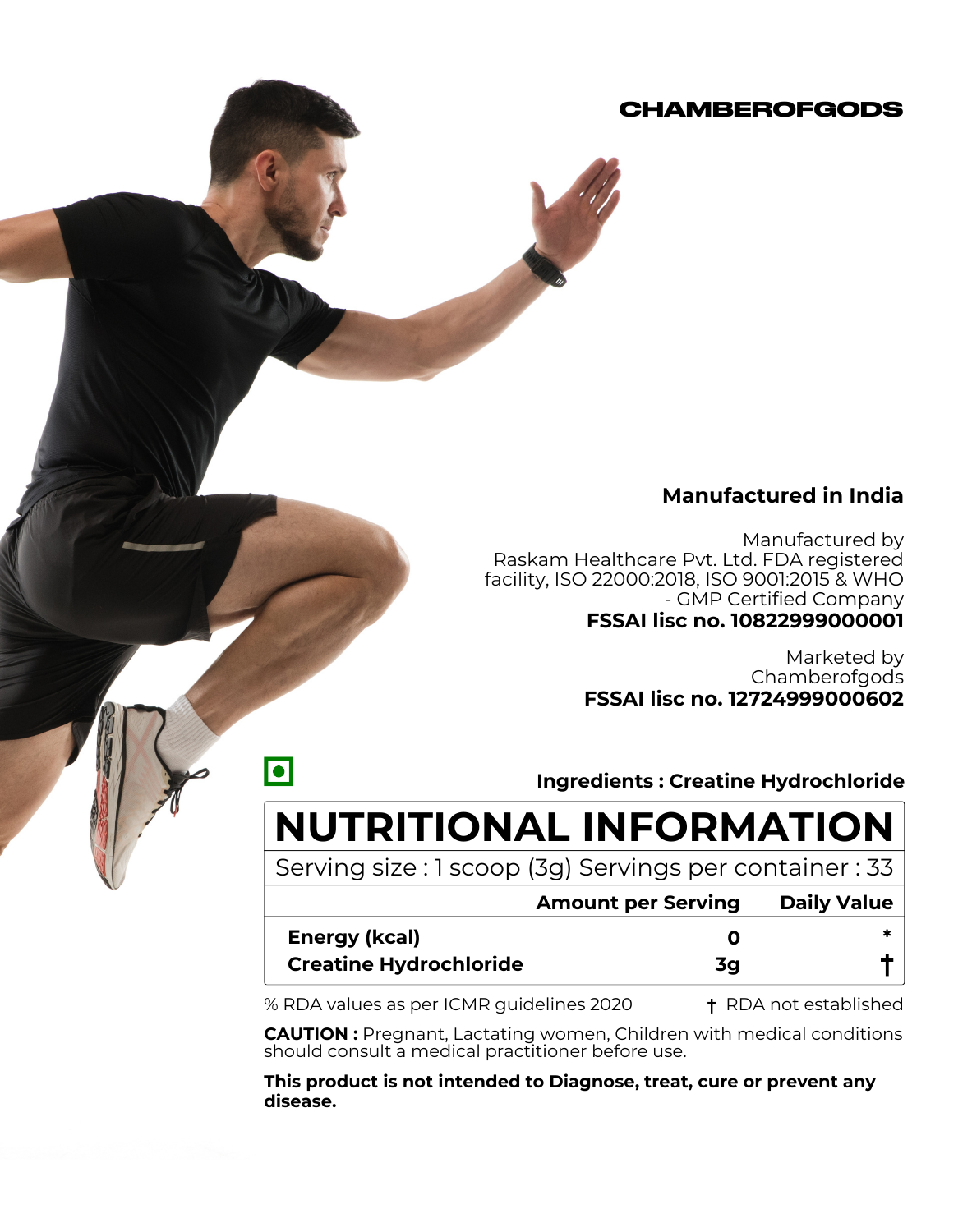 Creatine Hydrochloride Supplement by Chamber of Gods - Nutritional Information Label Showing 3g Per Serving, Manufactured in India by FDA-Registered Facility, Paired with an Action Shot of a Man Exercising