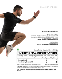 Creatine Hydrochloride Supplement by Chamber of Gods - Nutritional Information Label Showing 3g Per Serving, Manufactured in India by FDA-Registered Facility, Paired with an Action Shot of a Man Exercising