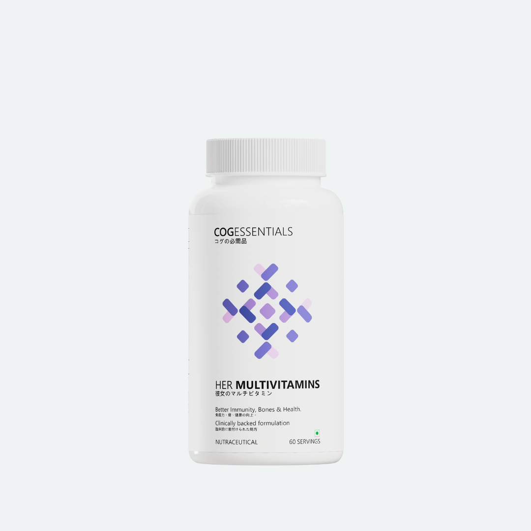 "=A white supplement bottle labeled 'COGEssentials HER Multivitamins.' The design features a geometric pattern with purple and pink accents. The text highlights benefits such as 'Better Immunity, Bones & Health' and notes that the formulation is clinically backed. The bottle contains 60 servings and is categorized as a nutraceutical.