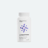 "=A white supplement bottle labeled 'COGEssentials HER Multivitamins.' The design features a geometric pattern with purple and pink accents. The text highlights benefits such as 'Better Immunity, Bones & Health' and notes that the formulation is clinically backed. The bottle contains 60 servings and is categorized as a nutraceutical.