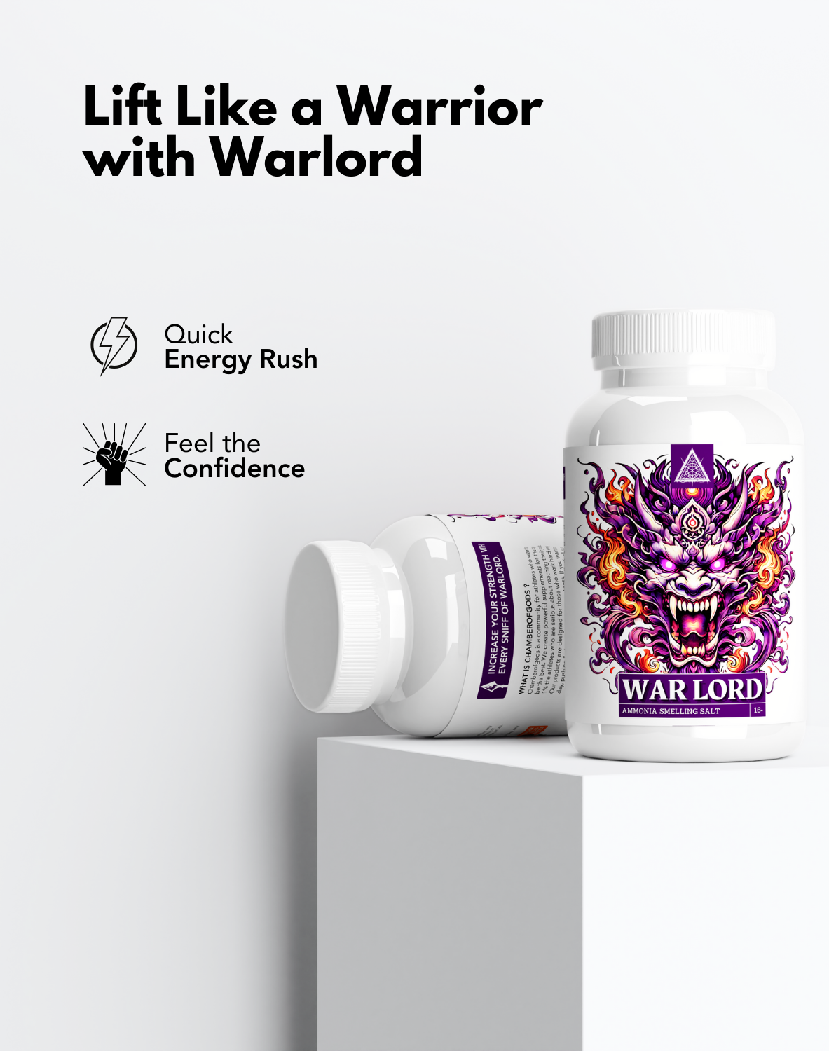 A motivational image promoting 'War Lord,' a supplement designed to enhance performance. The text reads 'Lift Like a Warrior with War Lord,' highlighting benefits such as a 'Quick Energy Rush' and 'Feel the Confidence.' Two bottles of the product are displayed, one open and one closed, showcasing the bold design featuring a fierce dragon or demon face on the label.