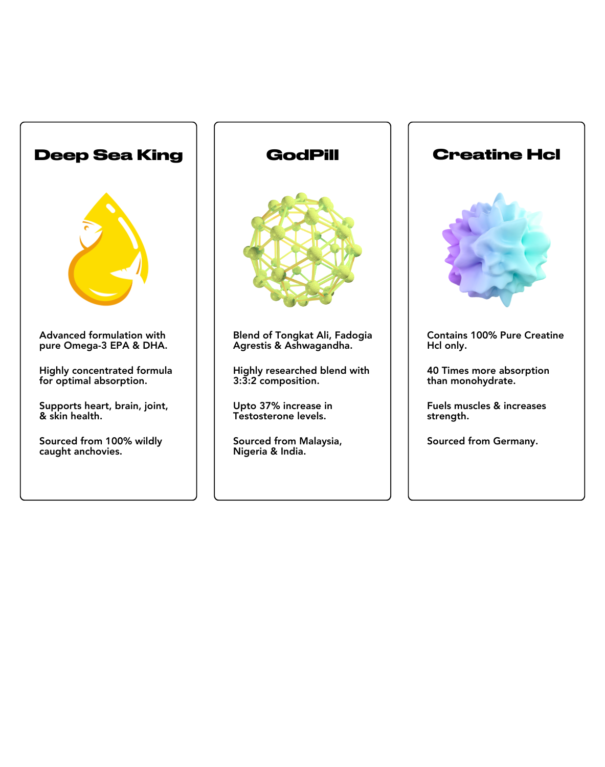 Supplement Trio Featuring Deep Sea King with Pure Omega-3 EPA & DHA for Heart, Brain, Joint, and Skin Health; GodPill with a Blend of Tongkat Ali, Fadogia Agrestis, and Ashwagandha for Testosterone Boost; and Creatine HCl with 100% Pure Creatine HCl for Enhanced Muscle Fueling and Strength