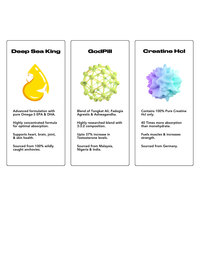 Supplement Trio Featuring Deep Sea King with Pure Omega-3 EPA & DHA for Heart, Brain, Joint, and Skin Health; GodPill with a Blend of Tongkat Ali, Fadogia Agrestis, and Ashwagandha for Testosterone Boost; and Creatine HCl with 100% Pure Creatine HCl for Enhanced Muscle Fueling and Strength