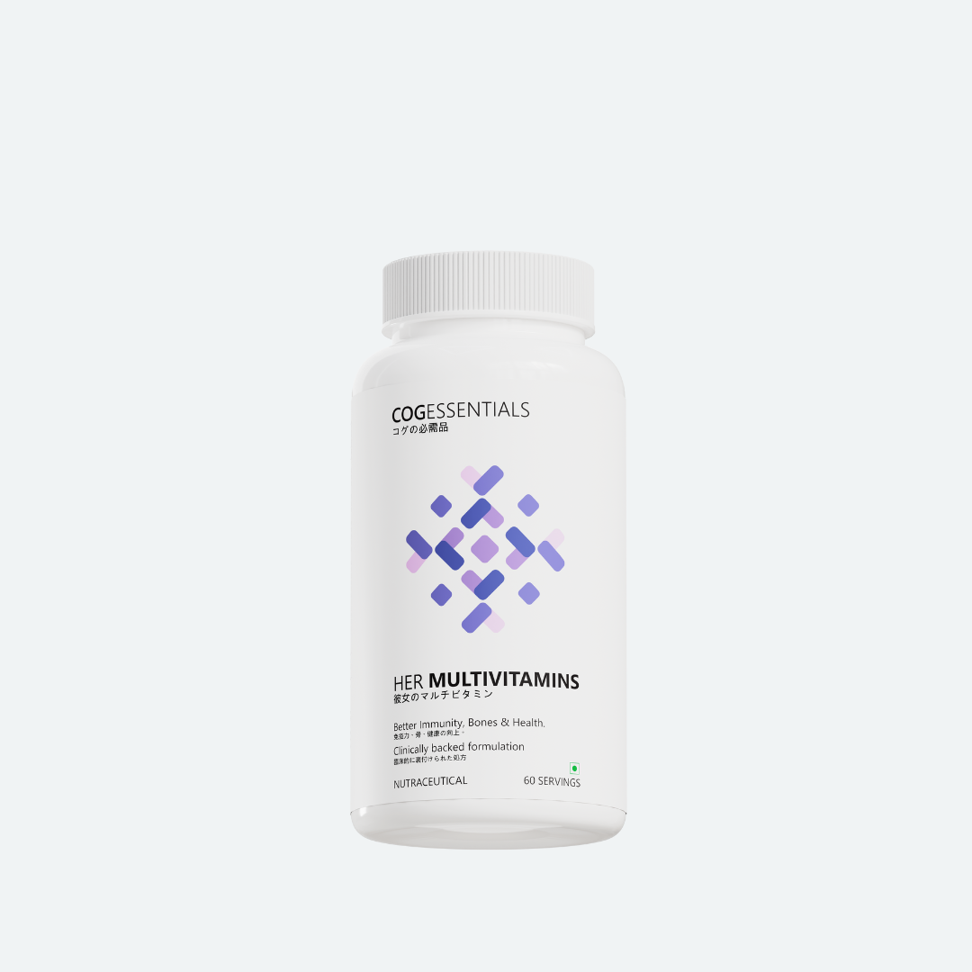A white supplement bottle labeled 'COGEssentials HER Multivitamins.' The design features a geometric pattern with purple and pink accents. The text highlights benefits such as 'Better Immunity, Bones & Health' and notes that the formulation is clinically backed. The bottle contains 60 servings and is categorized as a nutraceutical.