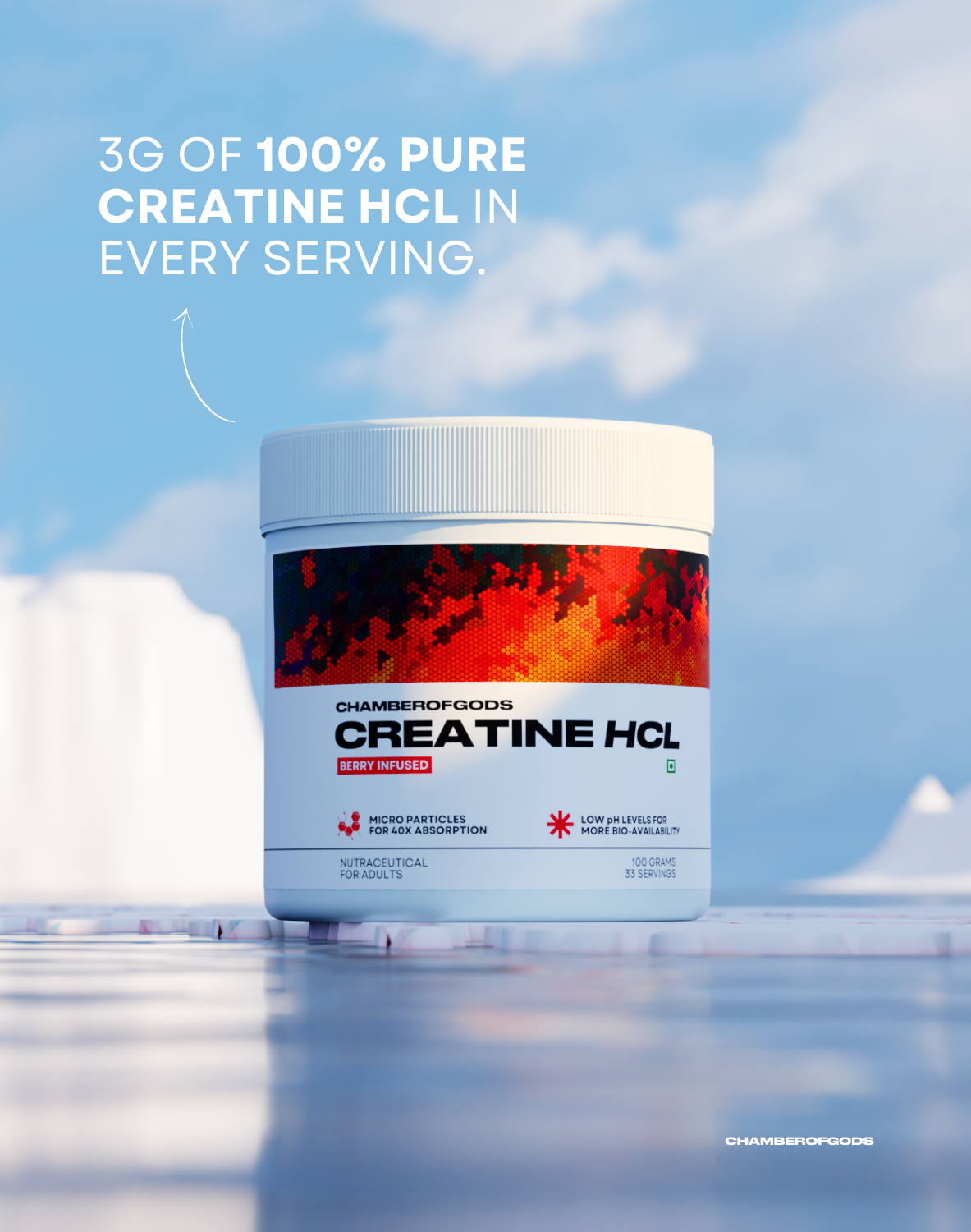 ChamberofGods Creatine HCL Supplement - 3g of 100% Pure Creatine HCL in Every Serving, Berry-Infused Formula with Micro Particles for Enhanced Absorption and Low pH Levels for Improved Bioavailability