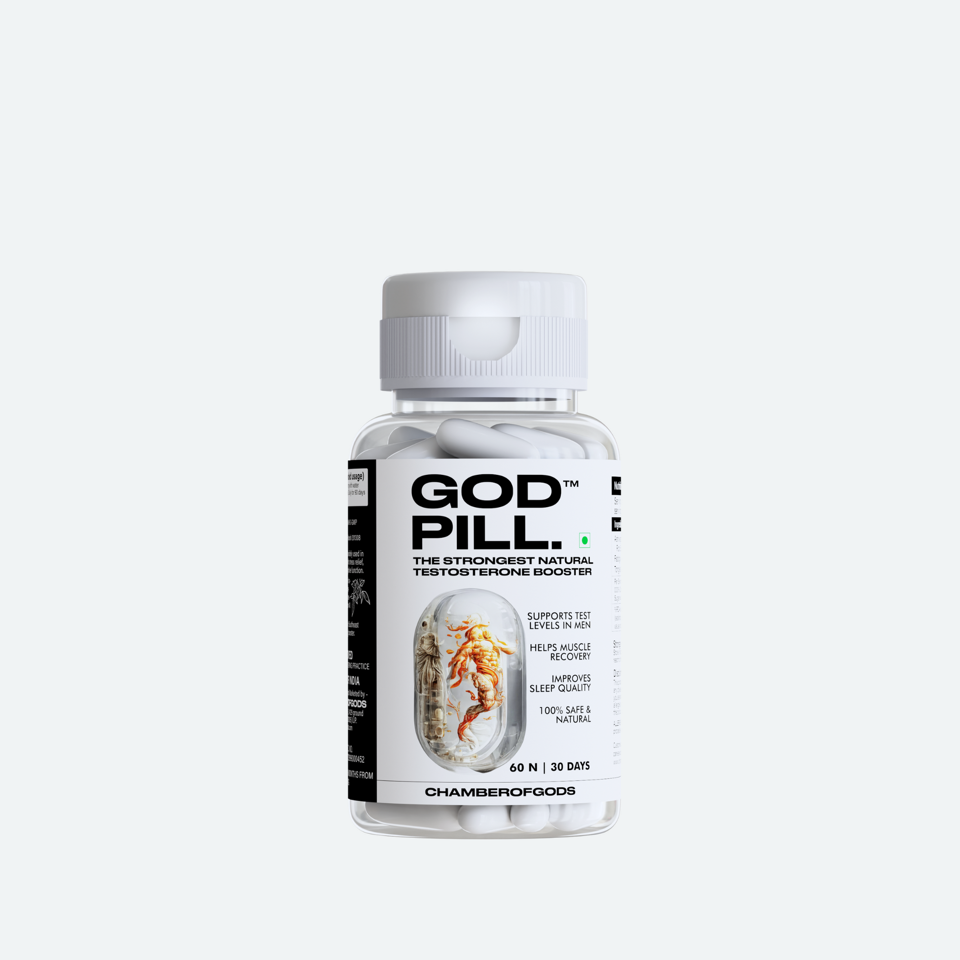 A clear bottle labeled 'God Pill,' marketed as 'The Strongest Natural Testosterone Booster.' The label features an image of shrimp, highlighting its key ingredient. The product contains 60 capsules and is designed to support testosterone levels naturally.