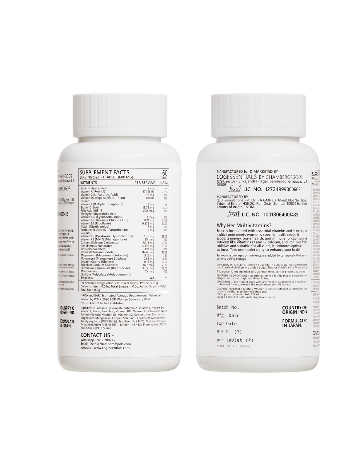 Two views of a supplement bottle showing detailed nutritional information and regulatory details. The left side displays the 'Supplement Facts' panel, listing ingredients, serving size, and nutrient content. The right side shows manufacturing and regulatory information, including the FSSAI license number, country of origin (India), and pricing details.